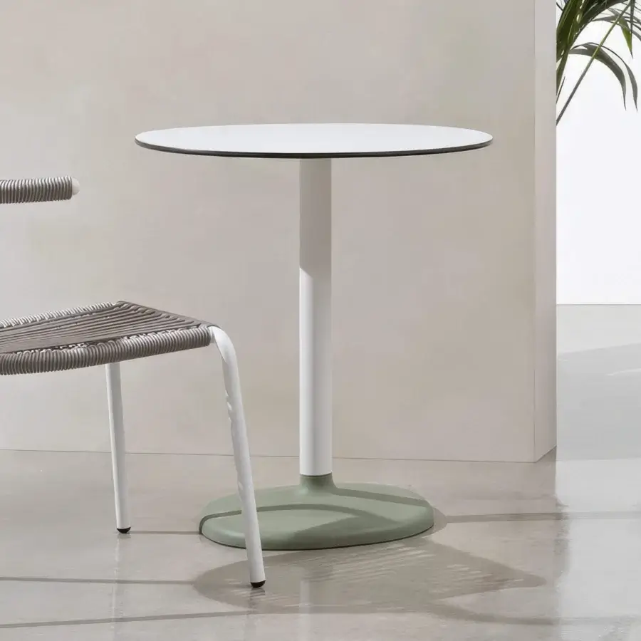 Premium B-Line Fonda Round Coffee Table in white laminate with cylindrical metal structure and olive green concrete base
