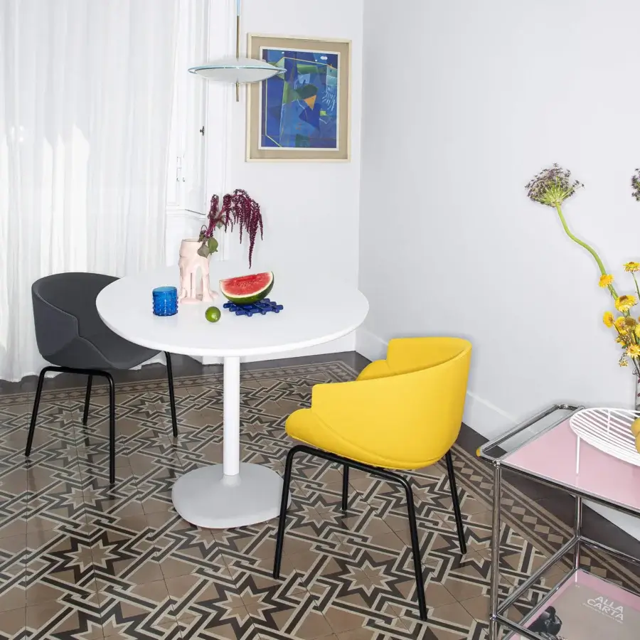 Architectural B-Line Fonda Round Coffee Table in white with smooth laminate top, cylindrical metal and concrete base