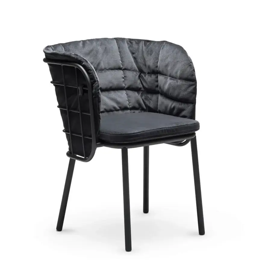 Distinguished Chairs & More Jujube armchair with architectural tubular metal rod backrest in matte black quilted textile