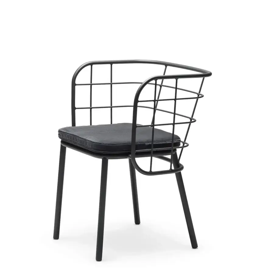 Architectural Chairs & More Jujube armchair with matte black tubular metal frame and dark grey nautical rope weaving