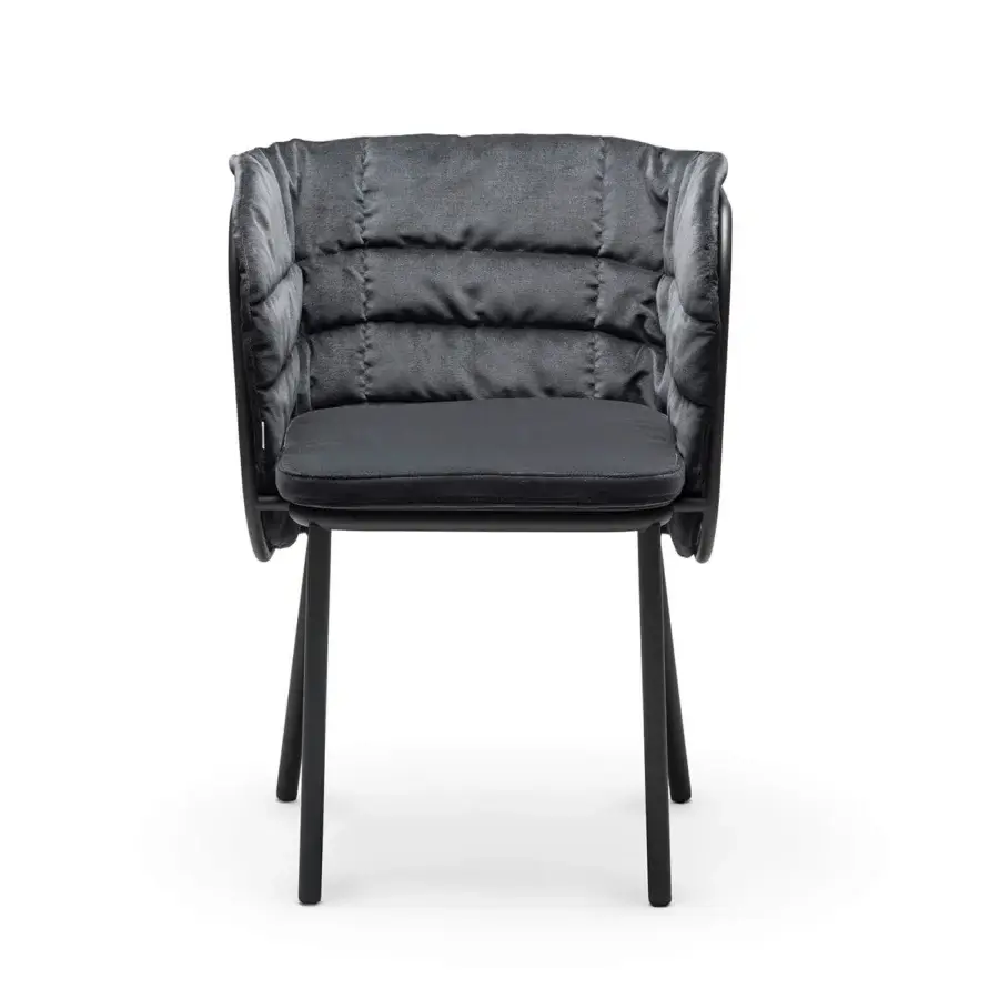 Refined Chairs & More Jujube armchair in plush charcoal grey textile with ribbed backrest and black galvanized metal frame