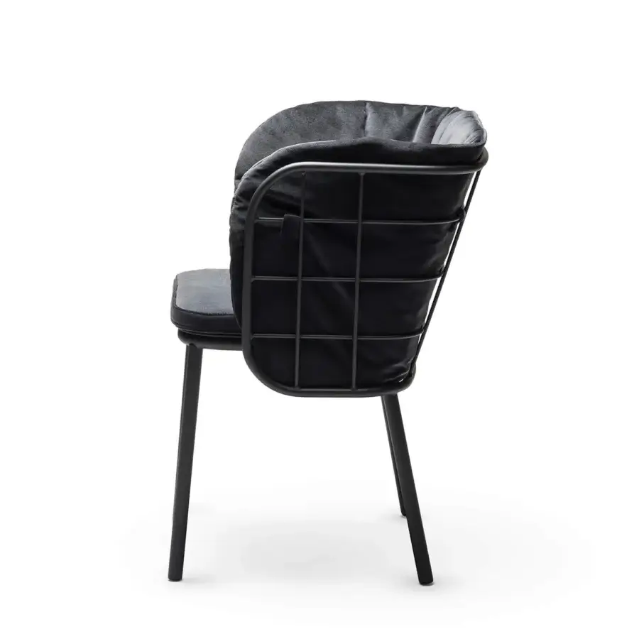 Exquisite Chairs & More Jujube armchair with plush monochromatic black textile cushions and matte galvanized frame