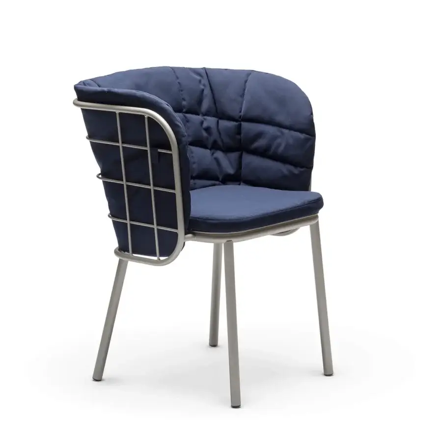 Elite Chairs & More Jujube armchair with quilted navy blue textile cushions in matte silver galvanized coating