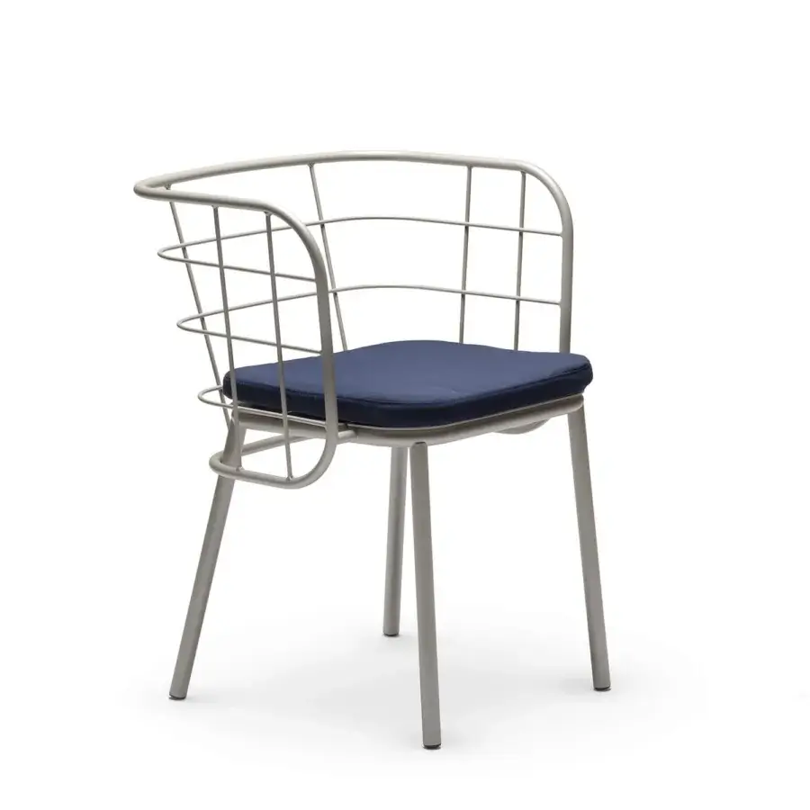 Distinctive Chairs & More Jujube armchair with deep navy blue textile seat and champagne galvanized structural metal finish