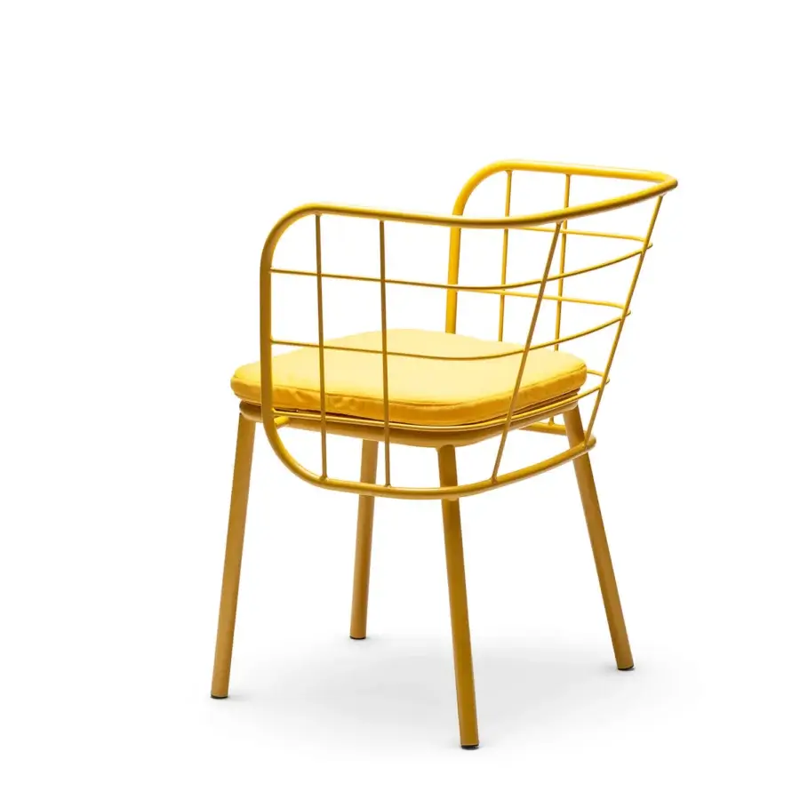 Refined Chairs & More Jujube armchair with vibrant yellow galvanized tubular metal grid and matching textile cushion