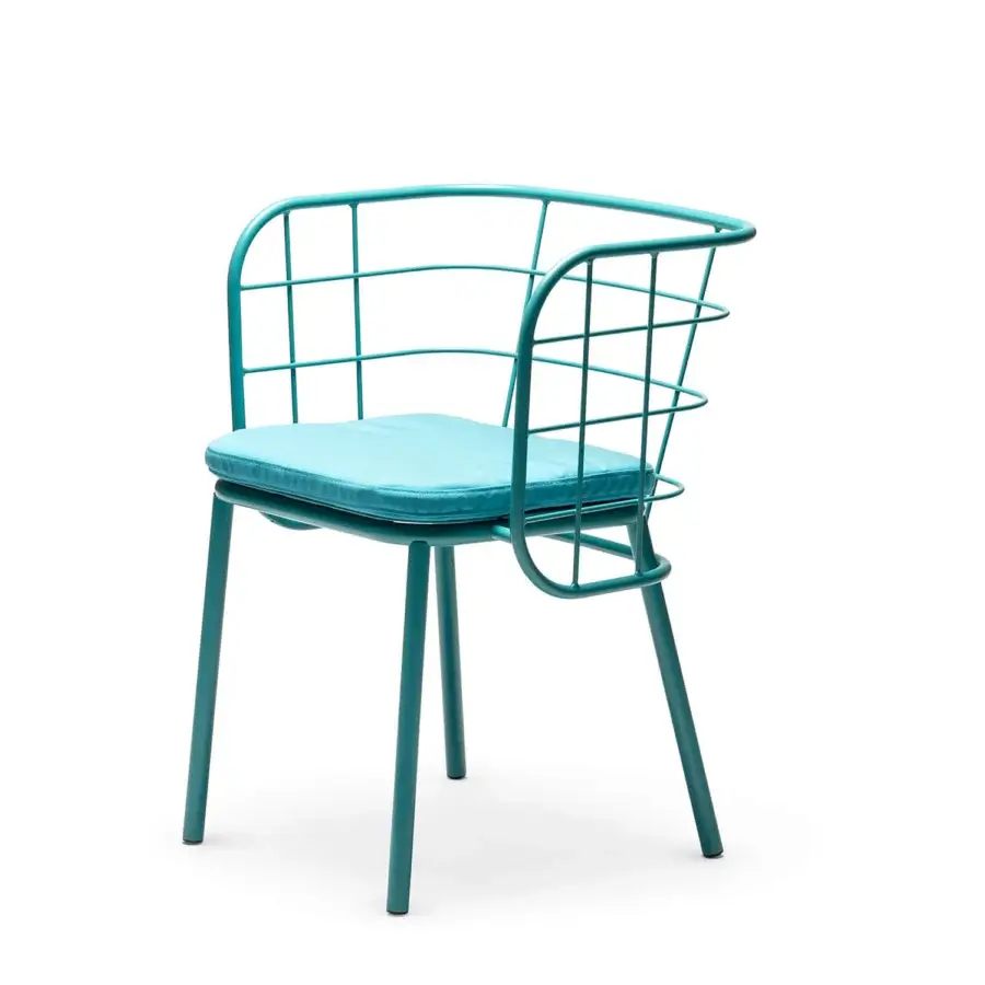 Sophisticated Chairs & More Jujube armchair in turquoise tubular metal and nautical rope weaving with textile seat