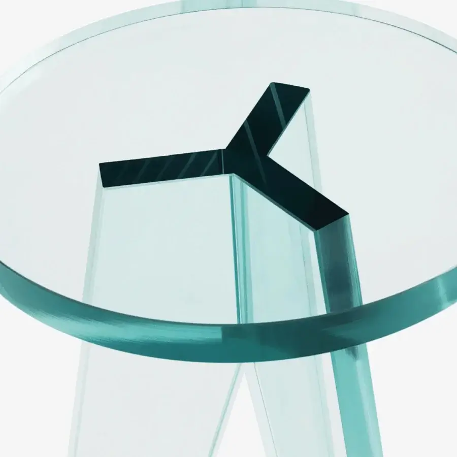 Sophisticated Glas Italia Crystal stool in pale bluish-green tint with teal reflections and mirror-polished stainless steel feet