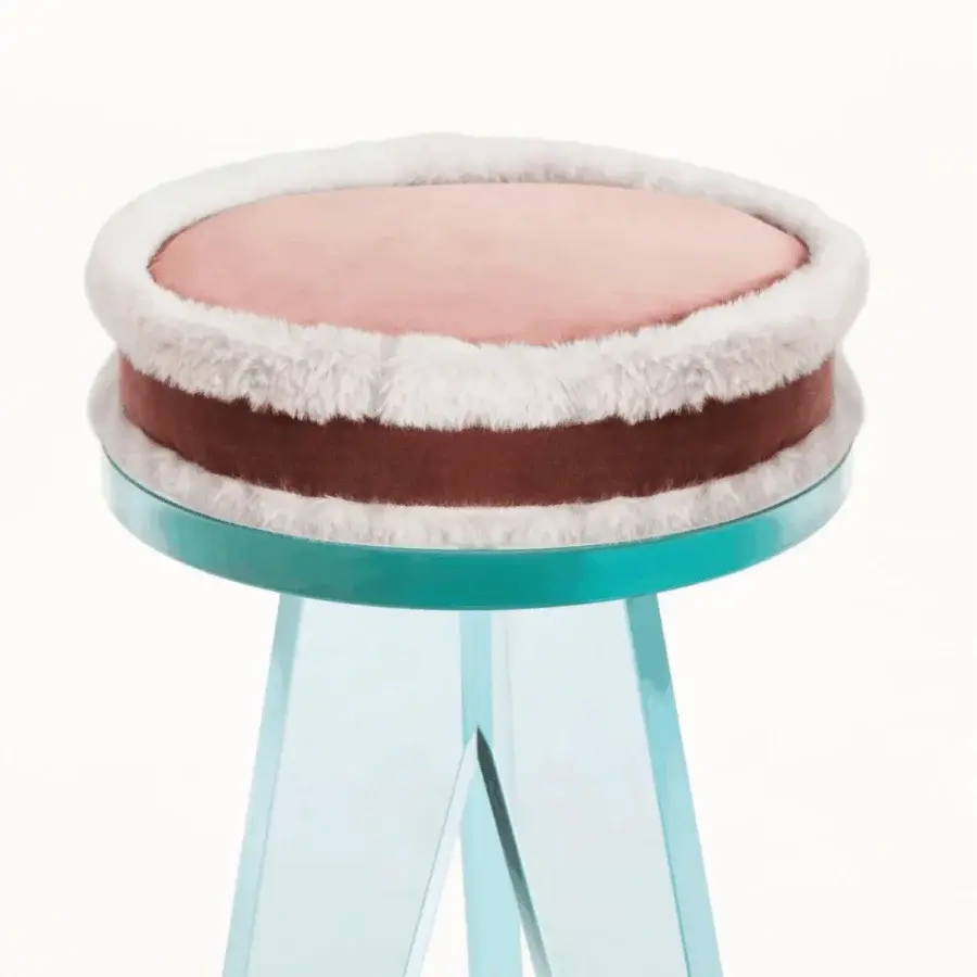 Fine Glas Italia Crystal stool in light blue glass with pink burgundy white plush and mirror-polished stainless steel feet