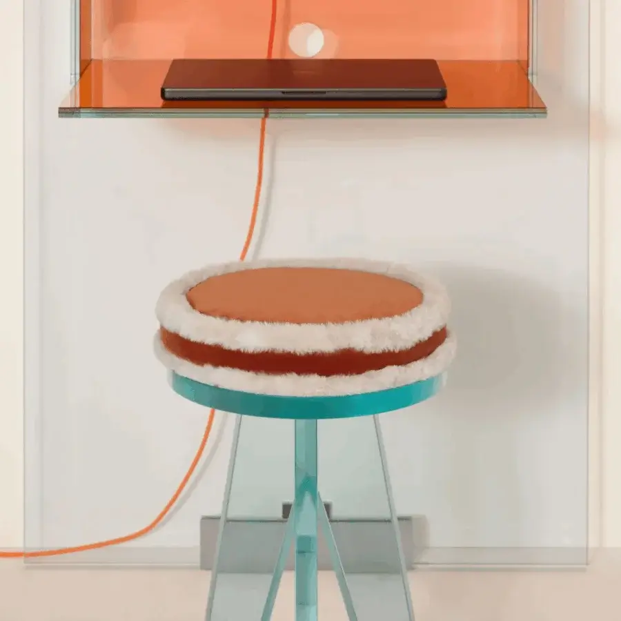 Impeccable Glas Italia Crystal stool with light turquoise glass, orange center, white textile trim and mirror polished steel