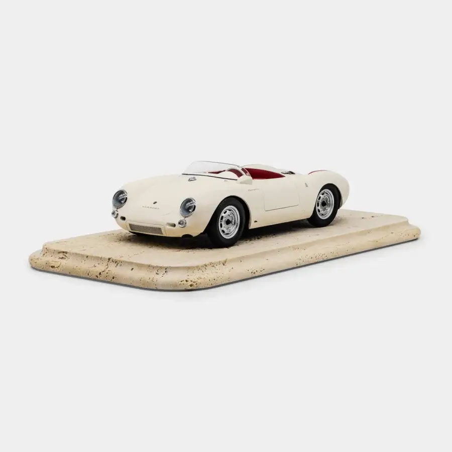 Premium Vèlle Milano Porsche 550A Spyder scale model in glossy white metal with red accents, burgundy interior and marble base