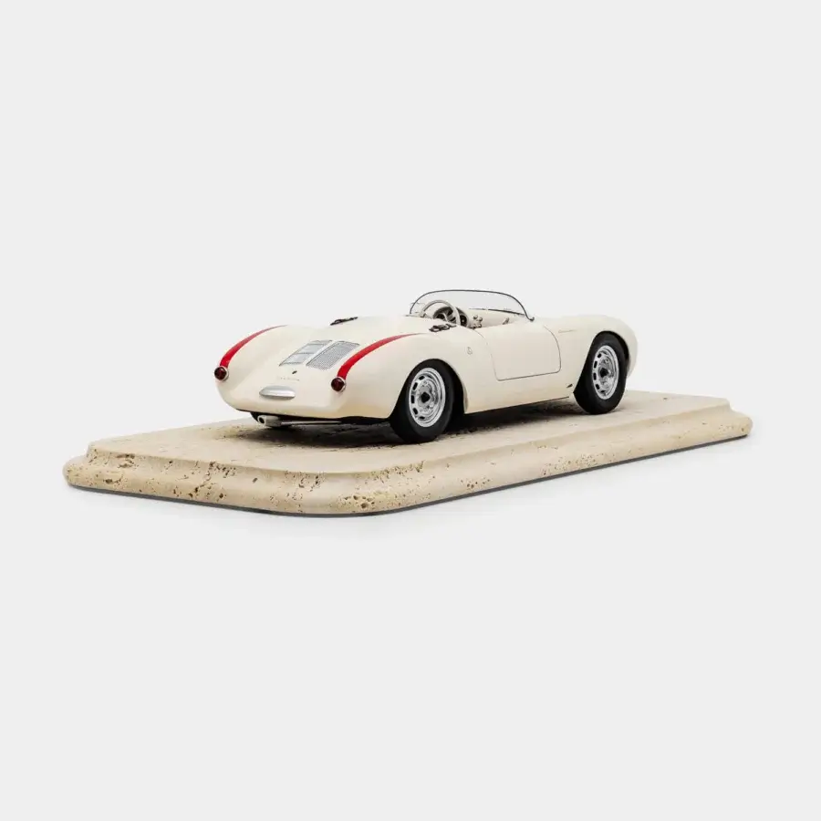 Architectural Vèlle Milano Porsche 550A Spyder metal sculpture in creamy white and red with marble base glossy finish