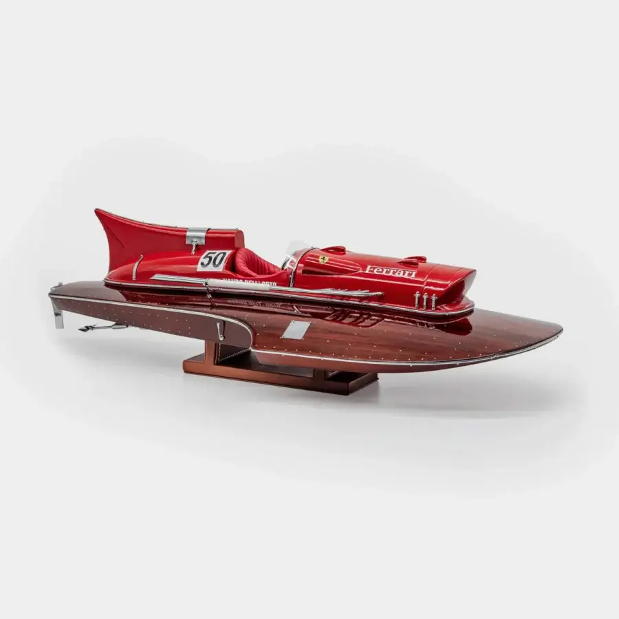 Distinguished Vèlle Milano Ferrari Arno XI hydroplane in red high-gloss livery with polished mahogany and silver accents