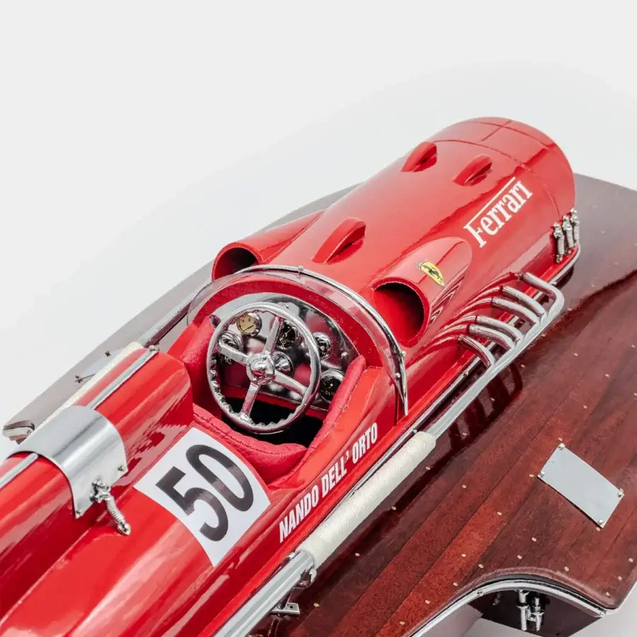 Premium Vèlle Milano Ferrari Arno XI hydroplane in red mahogany and leather with high-gloss polished finishes