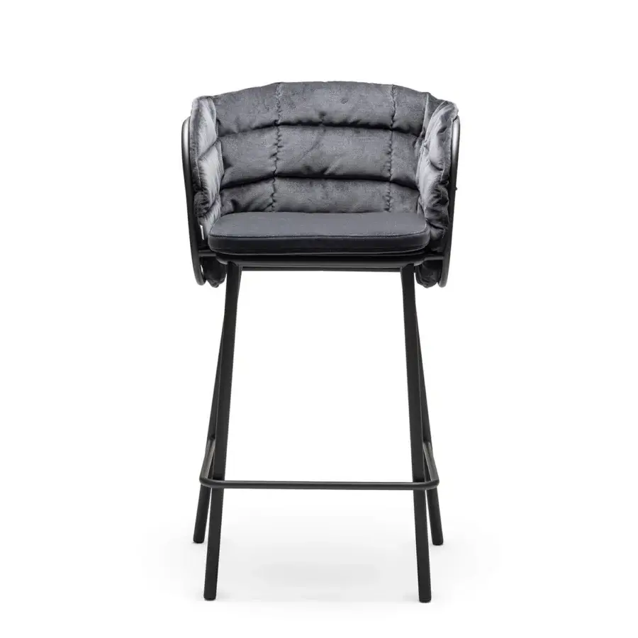 Prestige Chairs & More Jujube stool in charcoal grey quilted textile with matte black powder-coated metal lattice backrest