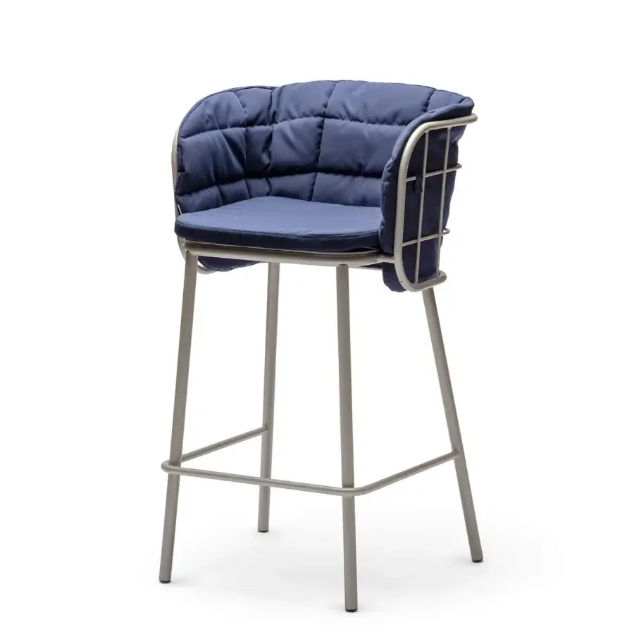 Exquisite Chairs & More Jujube stool in navy blue quilted textile with silver-grey powder-coated metal rod lattice backrest