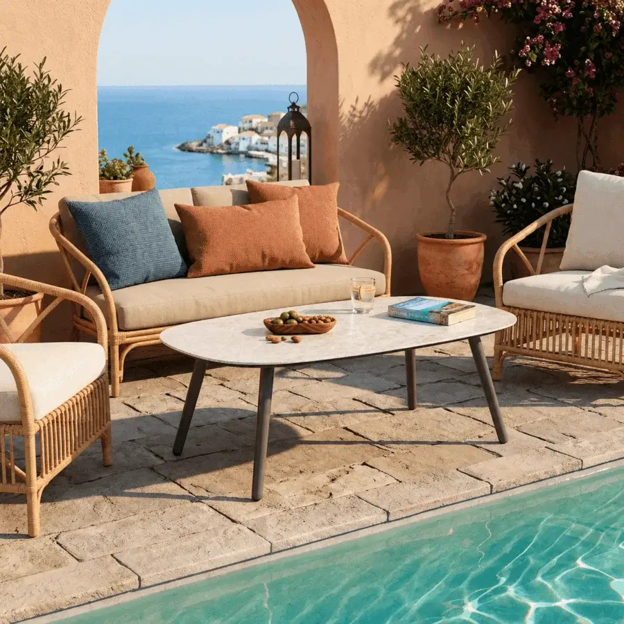 Exquisite Roberti Rattan Altomare coffee table with oval silhouette, graphite aluminum base and marbled HPL-Compact surface