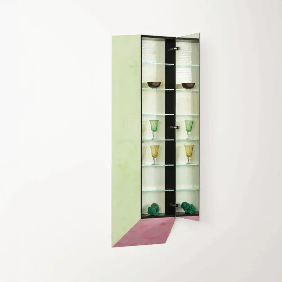 Exquisite Glas Italia Remis mirror cabinet with pale green and pink mosaic over a deep black interior frame