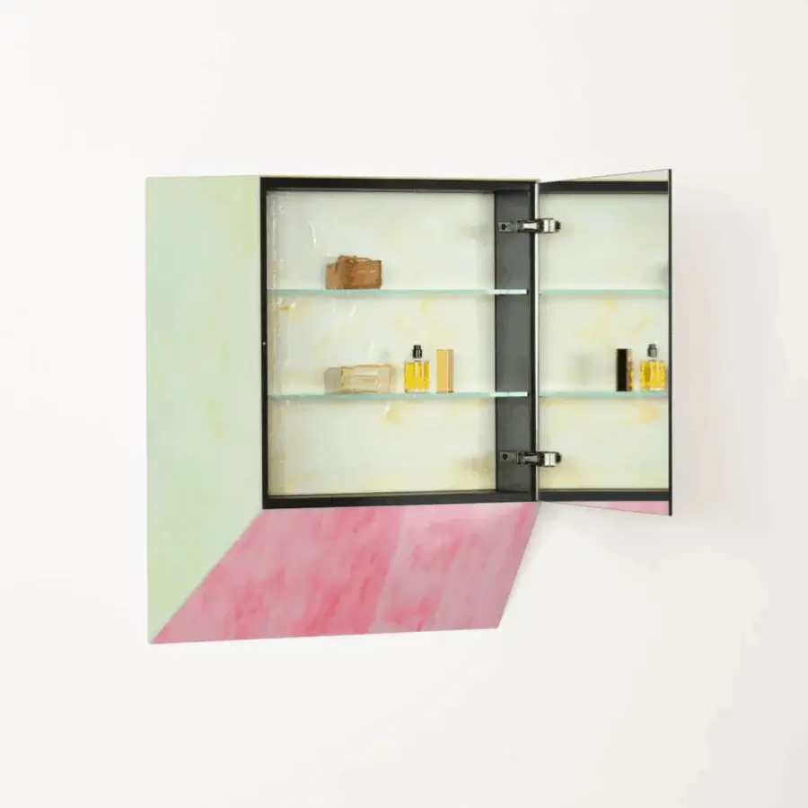 Impeccable Glas Italia Remis mirror cabinet in pale green and pink cast mosaic tiles with marbled back panel
