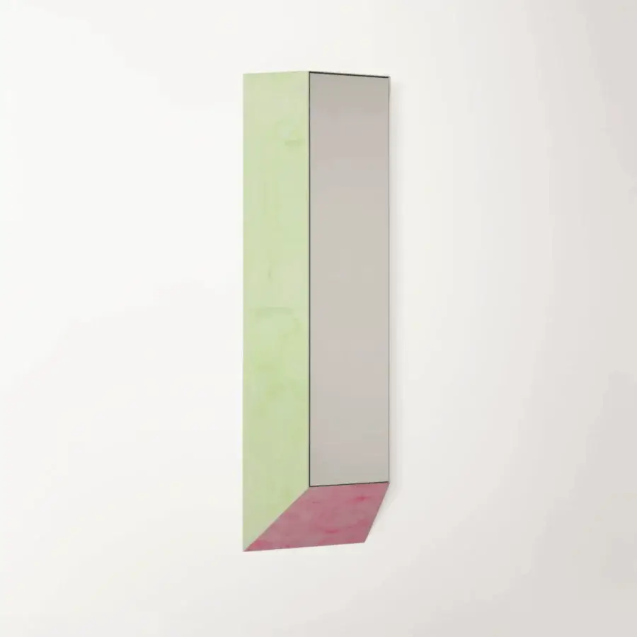 Architectural Glas Italia Remis mirror cabinet in pale green and mauve-pink cast glass tiles with reflective silver door