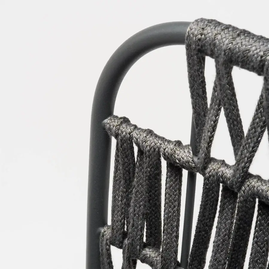 Exquisite Chairs & More Jujube INT stool with anthracite powder-coated steel frame and heathered dark grey rope backrest