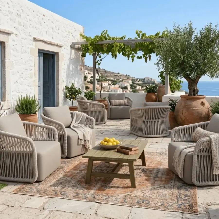 Distinguished Roberti Rattan Altomare lounge chair in light beige synthetic rope with sculptural Ice aluminum frame