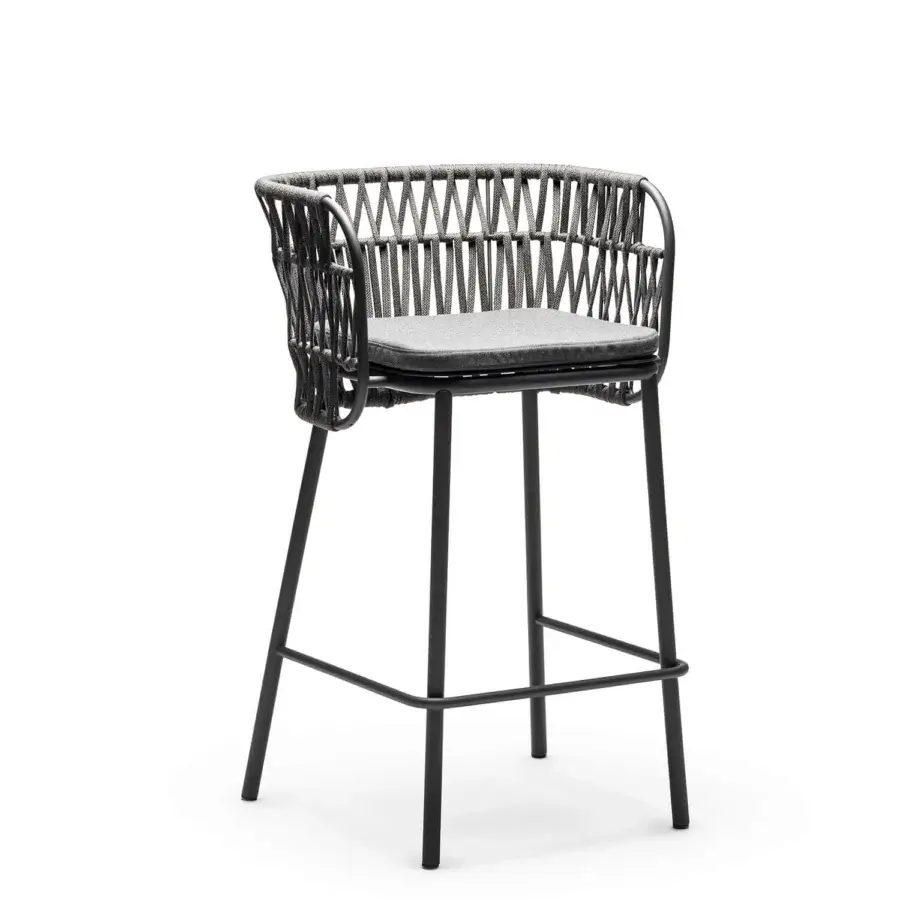 Exquisite Chairs & More Jujube INT stool with neutral greyish-beige rope and anthracite powder-coated steel frame