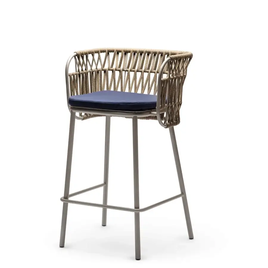 Refined Chairs & More Jujube INT stool with sand powder-coated steel, natural beige rope and navy blue upholstered cushion