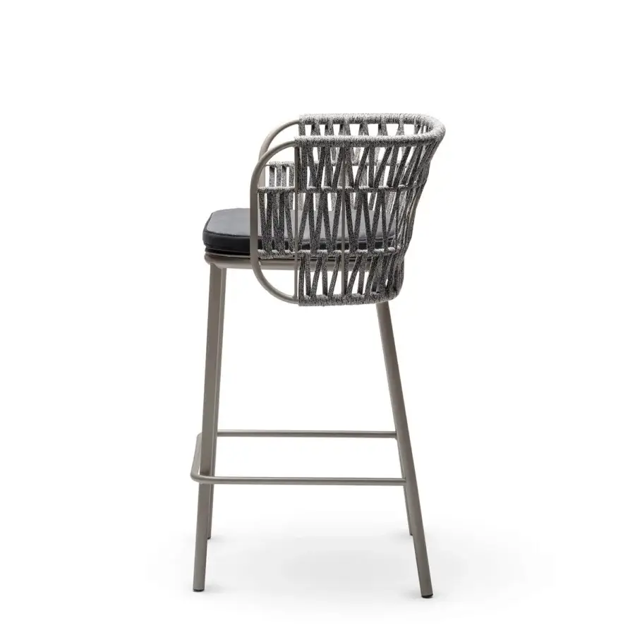 Meticulous Chairs & More Jujube INT stool with variegated nautical rope and dark grey cushion in sand powder-coated steel