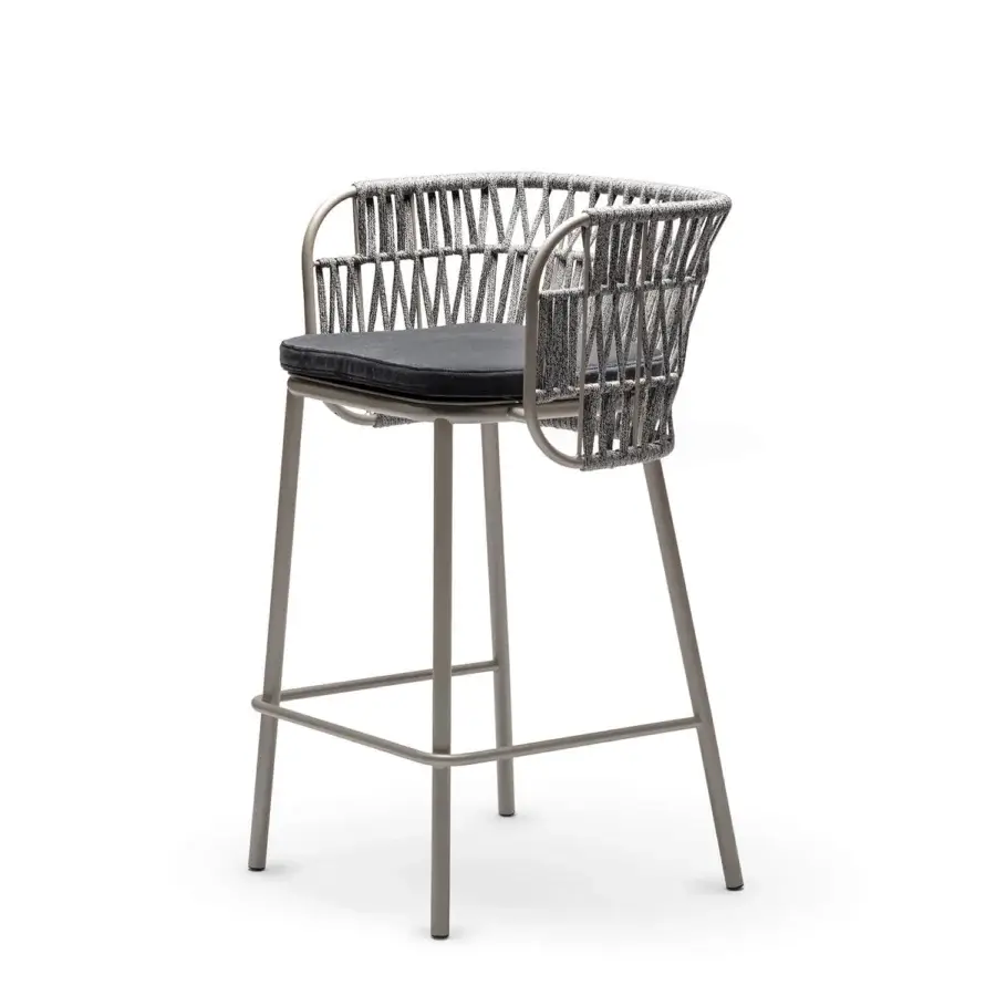 Elite Chairs & More Jujube INT stool with mottled grey rope and charcoal upholstered cushion in matte champagne steel
