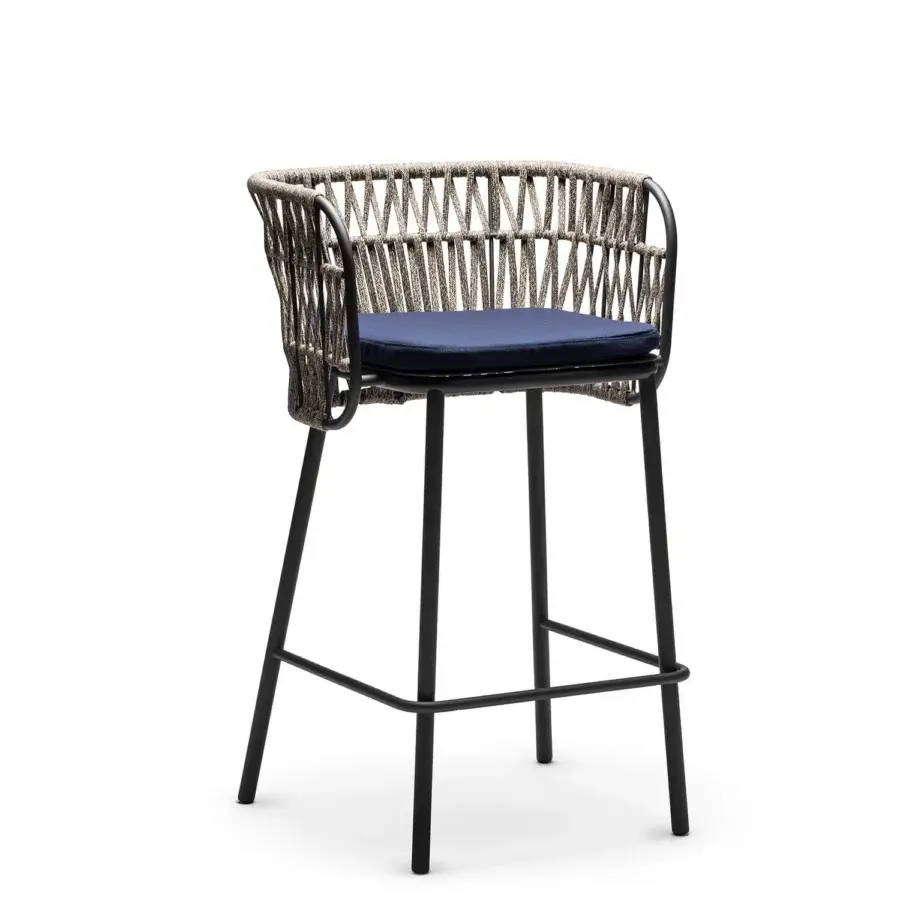 Refined Chairs & More Jujube INT stool with navy blue cushion, variegated grey and beige rope on anthracite steel frame