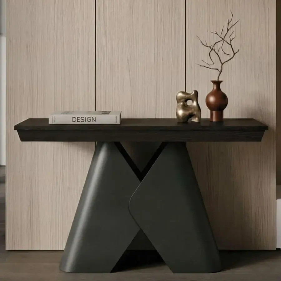 Distinguished Ozzio Italia Sakura Console to Table with dark brown wood top and sculptural charcoal grey matte metal base