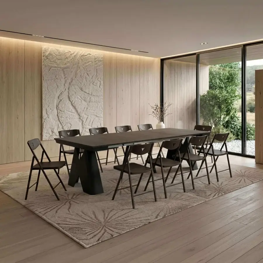Refined Ozzio Italia Sakura console to table with rectangular top in dark charcoal matte finish and angular V-shaped legs