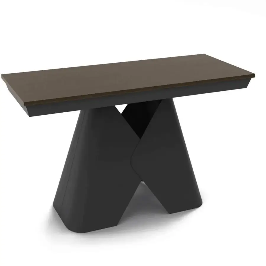 Exquisite Ozzio Italia Sakura console to table with dark brown wood grain top and sculptural matte black geometric base