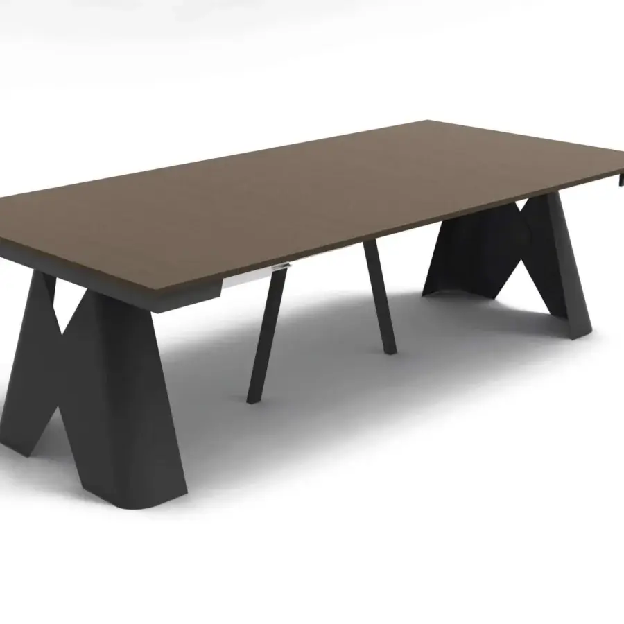 Sophisticated Ozzio Italia Sakura Console to Table with rich brown grained wood and black matte metal sculptural legs