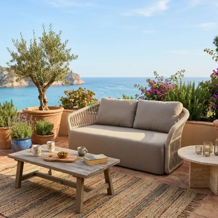Sophisticated Roberti Rattan Altomare sofa with curved silhouette in Ice aluminum, light mix synthetic rope and grey fabric