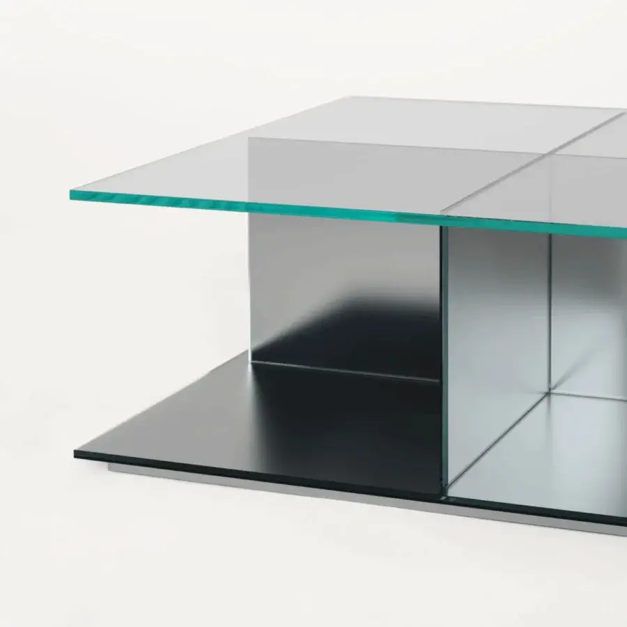 Lustrous Glas Italia Cartesio coffee table with geometric silhouette in silver mirror and extralight glass high-gloss finish