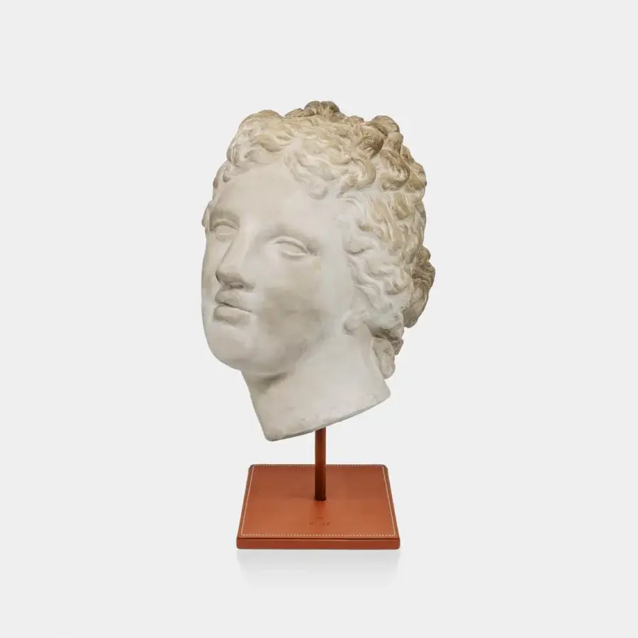 Architectural Vèlle Milano Companion of Odysseus bust in weathered off-white plaster with brown leather wrapped steel base