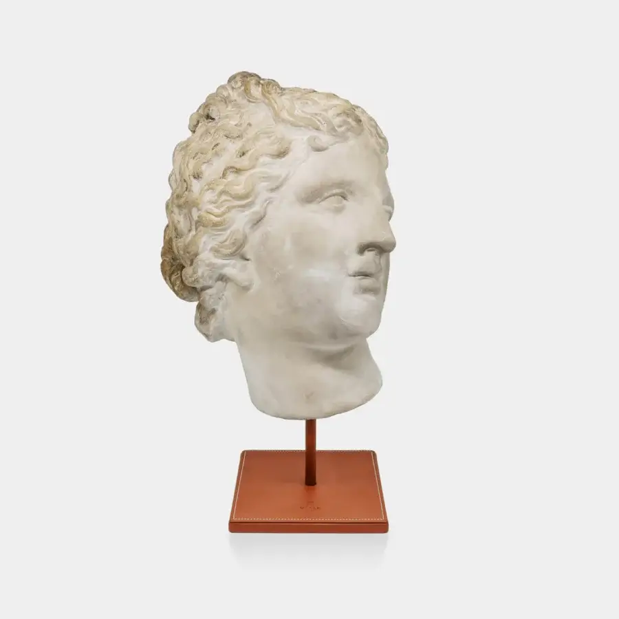 Exquisite Vèlle Milano Companion of Odysseus sculptural bust in aged cream plaster with reddish-brown leather wrapped steel