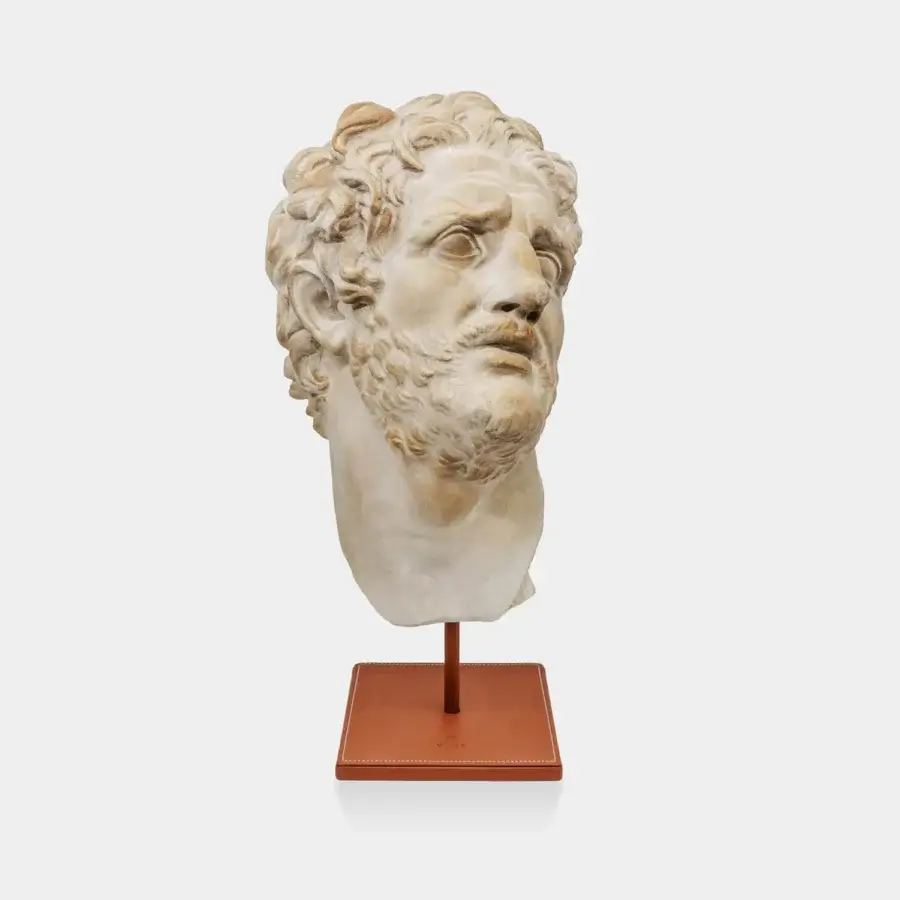 Fine Vèlle Milano Companion of Odysseus sculptural bust in aged cream plaster with ochre patinas and terracotta leather base