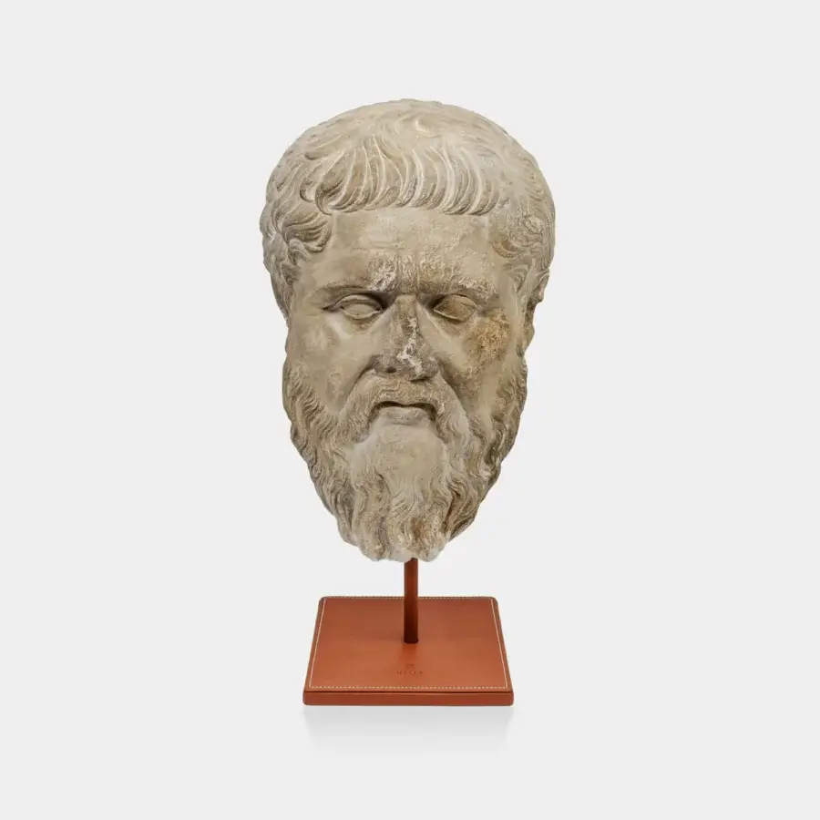 Exceptional Vèlle Milano Companion of Odysseus sculptural bust in aged beige cream plaster and terracotta-brown leather