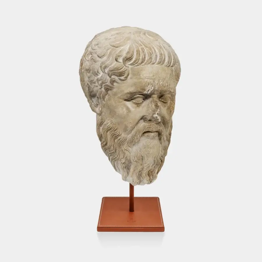 Distinguished Vèlle Milano Companion of Odysseus sculptural bust in aged off-white plaster with leather wrapped steel base