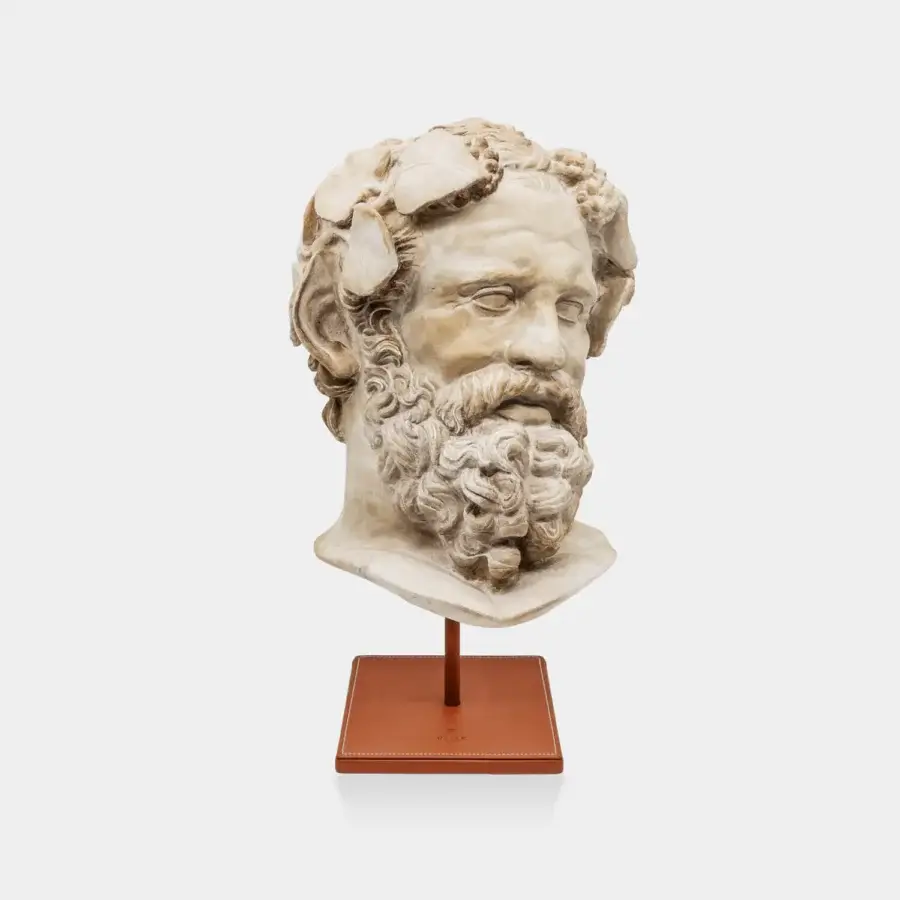 Exquisite Vèlle Milano Companion of Odysseus sculptural bust in pale cream aged plaster with reddish-brown leather steel base