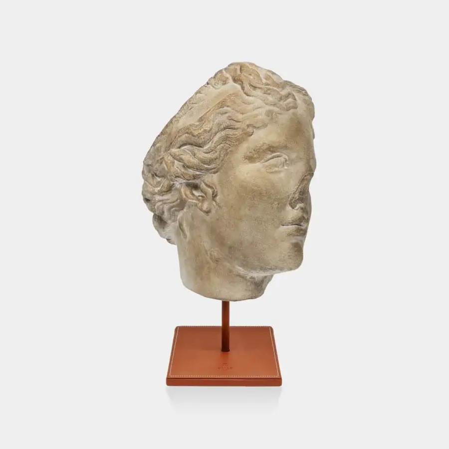 Architectural Vèlle Milano Companion of Odysseus sculptural bust in muted off-white plaster and cognac leather steel base