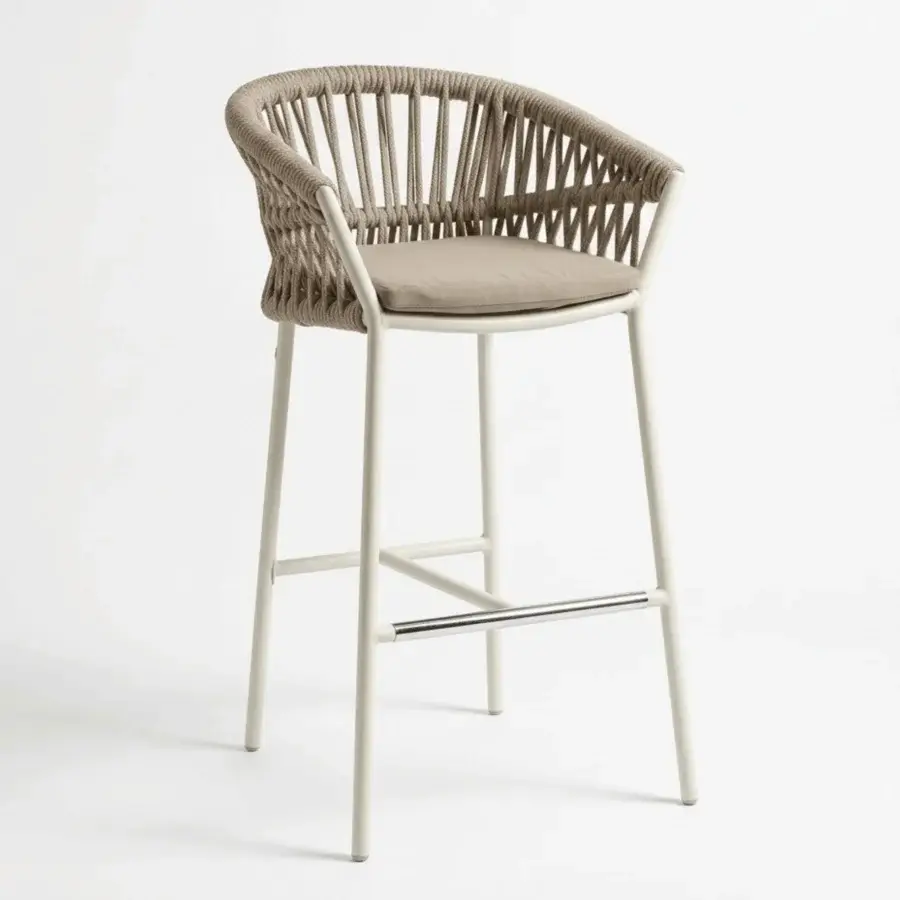 Architectural Roberti Rattan Altomare barstool with Ice powder-coated aluminum frame and light mix synthetic rope backrest
