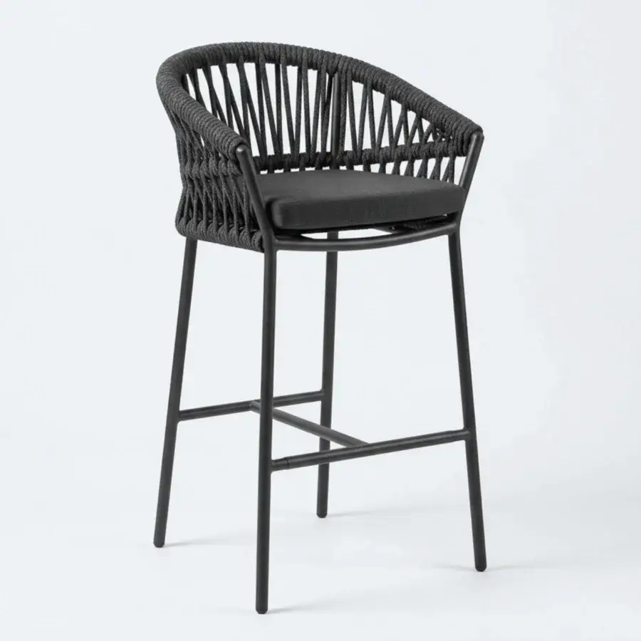 Sophisticated Roberti Rattan Altomare barstool crafted with woven synthetic rope and graphite matte aluminum frame