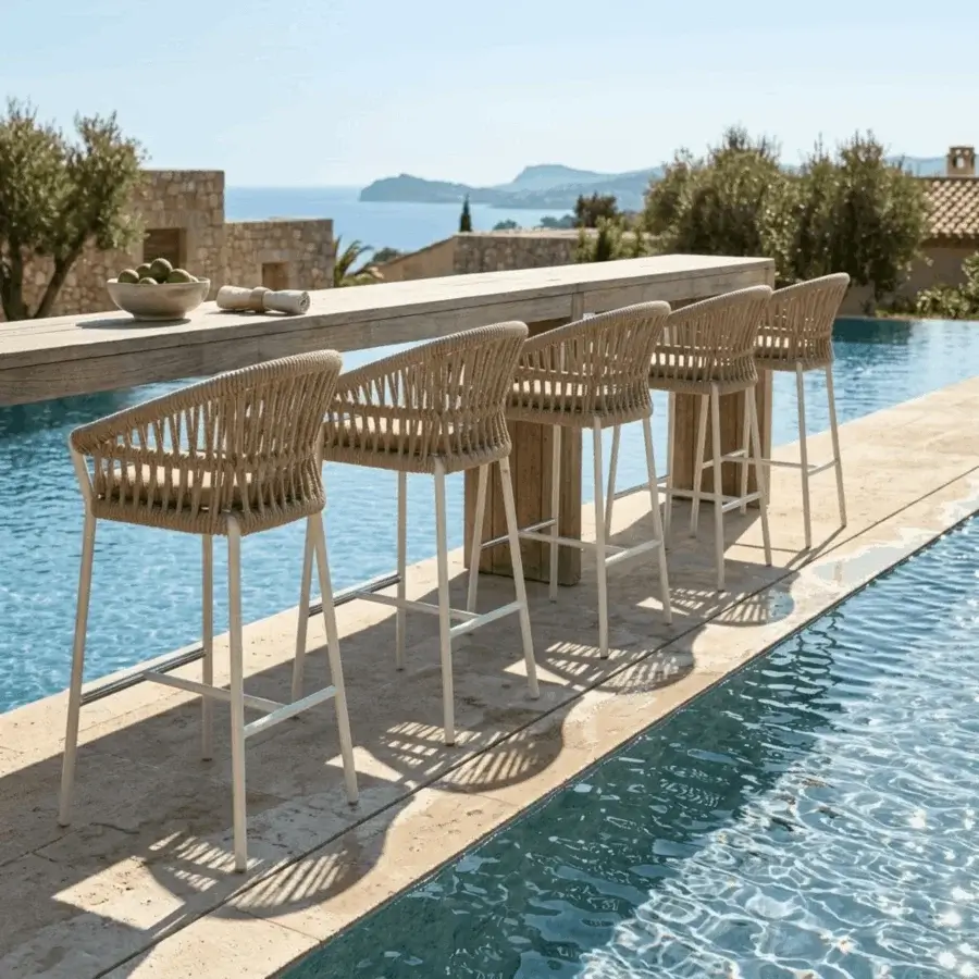 Exquisite Roberti Rattan Altomare barstool with light mix woven rope, smoke white cushion and Ice powder-coated aluminum frame