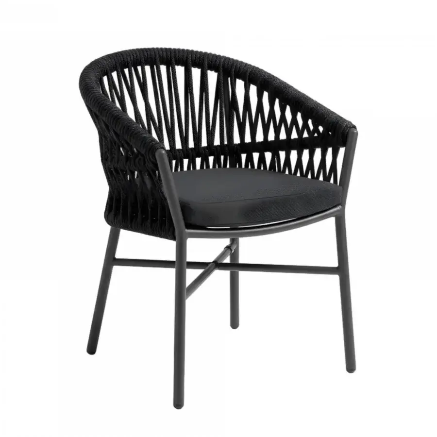 Distinguished Roberti Rattan Altomare chair with matte black powder-coated aluminum frame and hand-woven synthetic rope