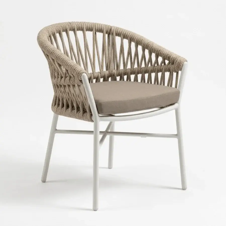 Impeccable Roberti Rattan Altomare chair with white powder-coated aluminum frame and soft beige synthetic rope curved shell