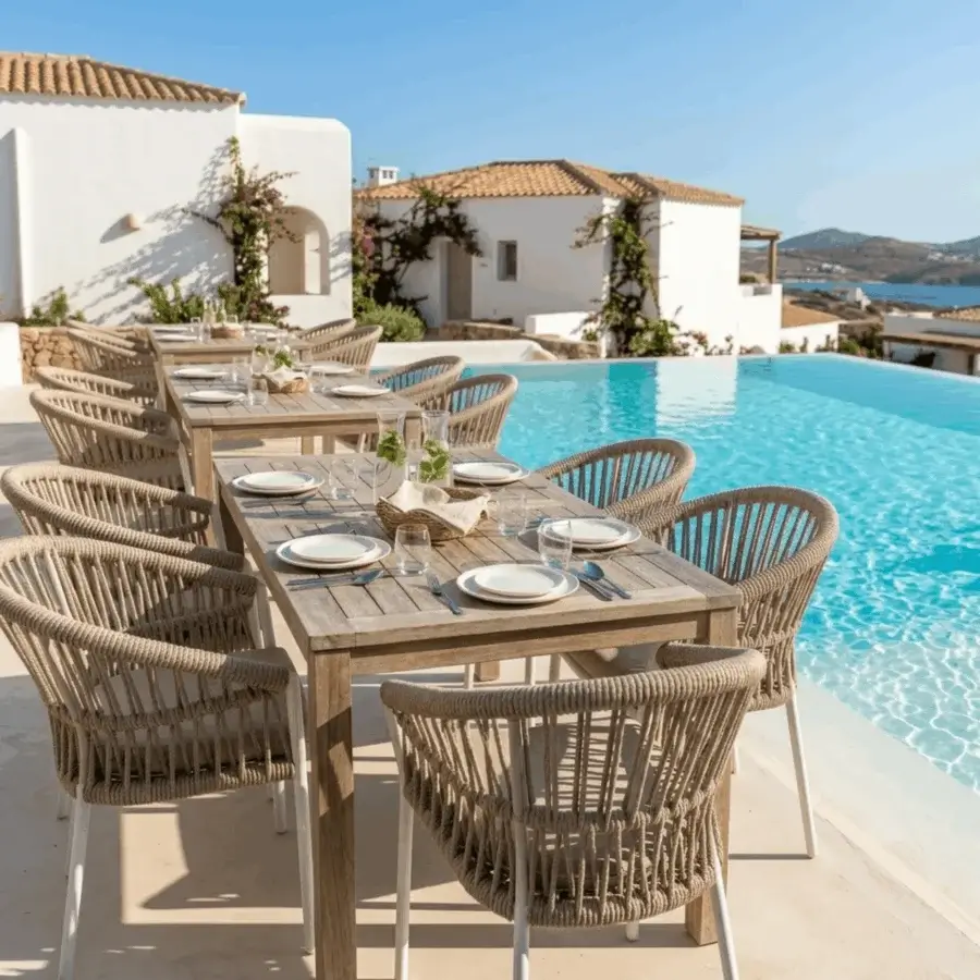 Elite Roberti Rattan Altomare chair in light sand hand-woven synthetic rope with powder-coated aluminum and white legs