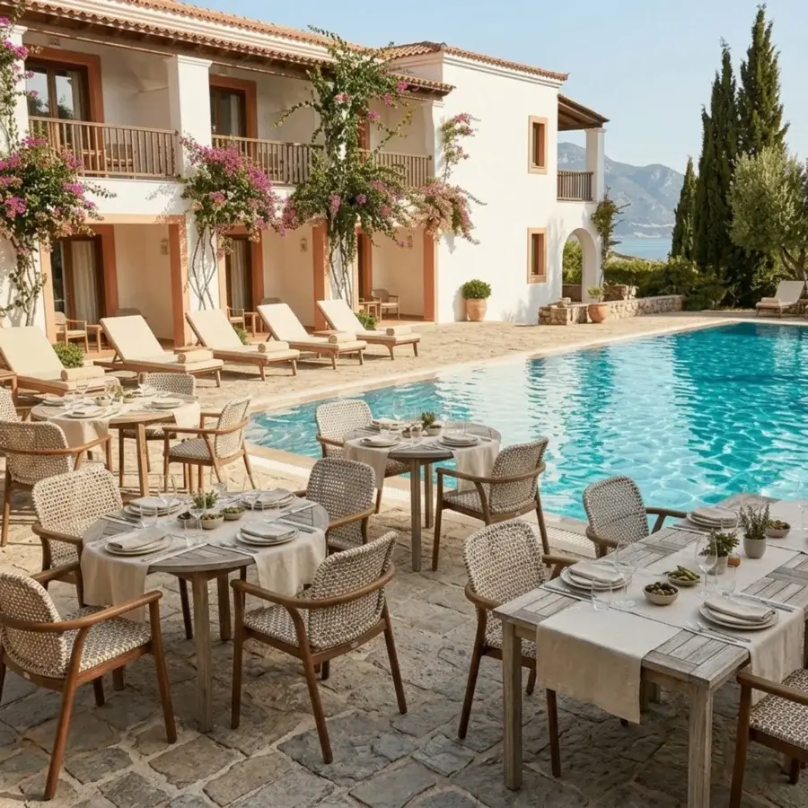 Refined Roberti Rattan Venturio chair with light cream woven PVC and aluminum frame in mid-tone brown wood-look finish